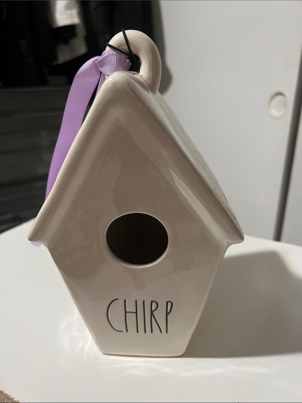 Rae Dunn Cream Ceramic Birdhouse with Lavender Ribbon